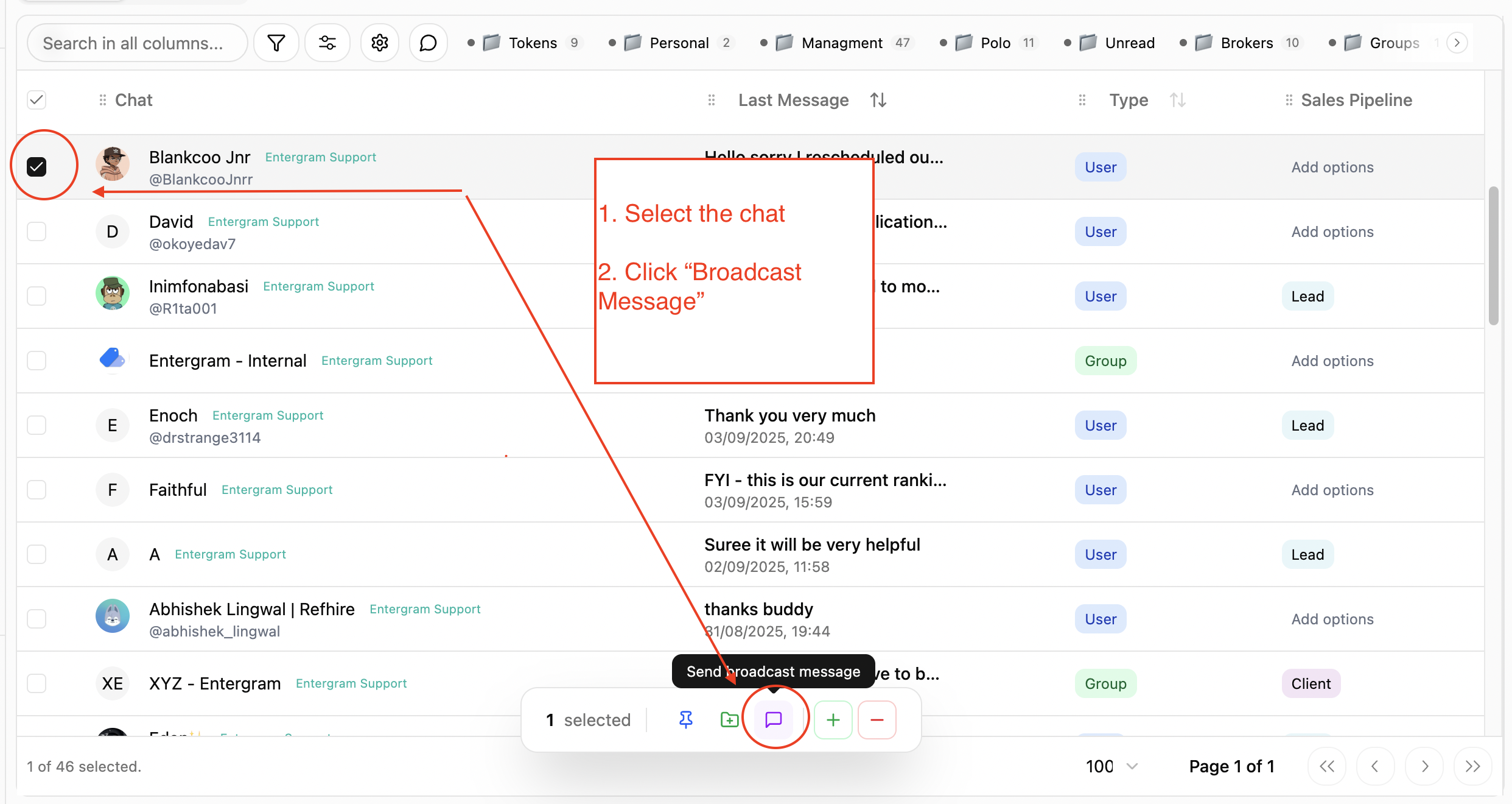 Broadcast feature for segmented Telegram contacts