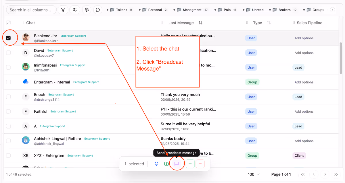 Panel de control de Entergram CRM mostrando un mensaje de difusión siendo compuesto para múltiples cuentas