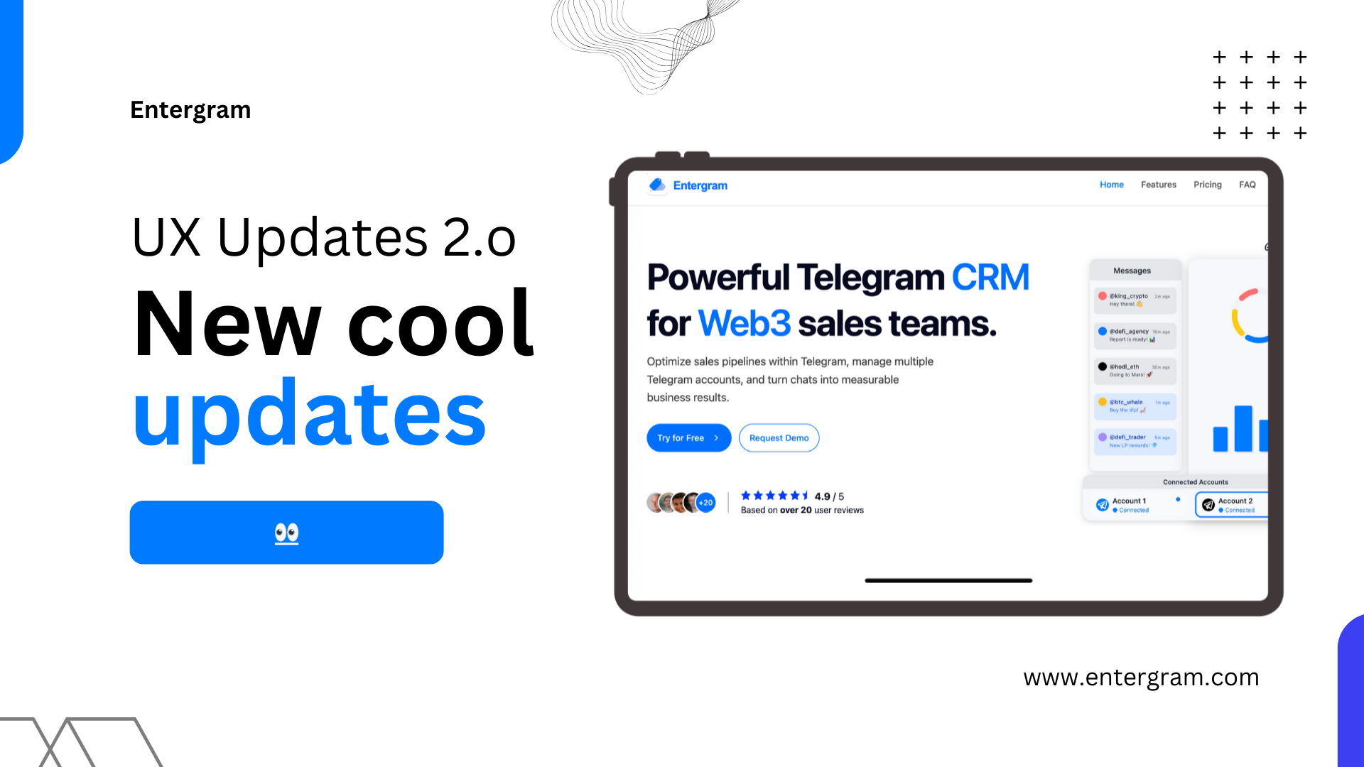 Telegram CRM dashboard showing real-time chats and new features