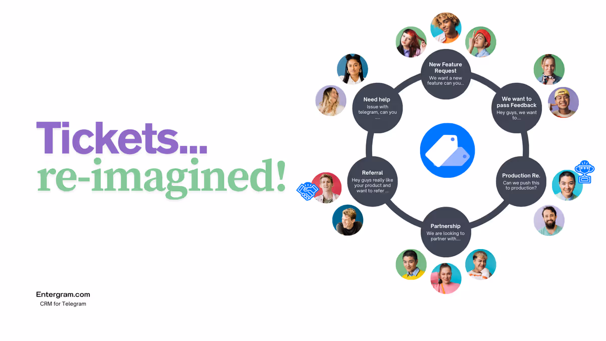 Interfaz de Entergram CRM mostrando una tabla de tickets de soporte con estado y etiquetas