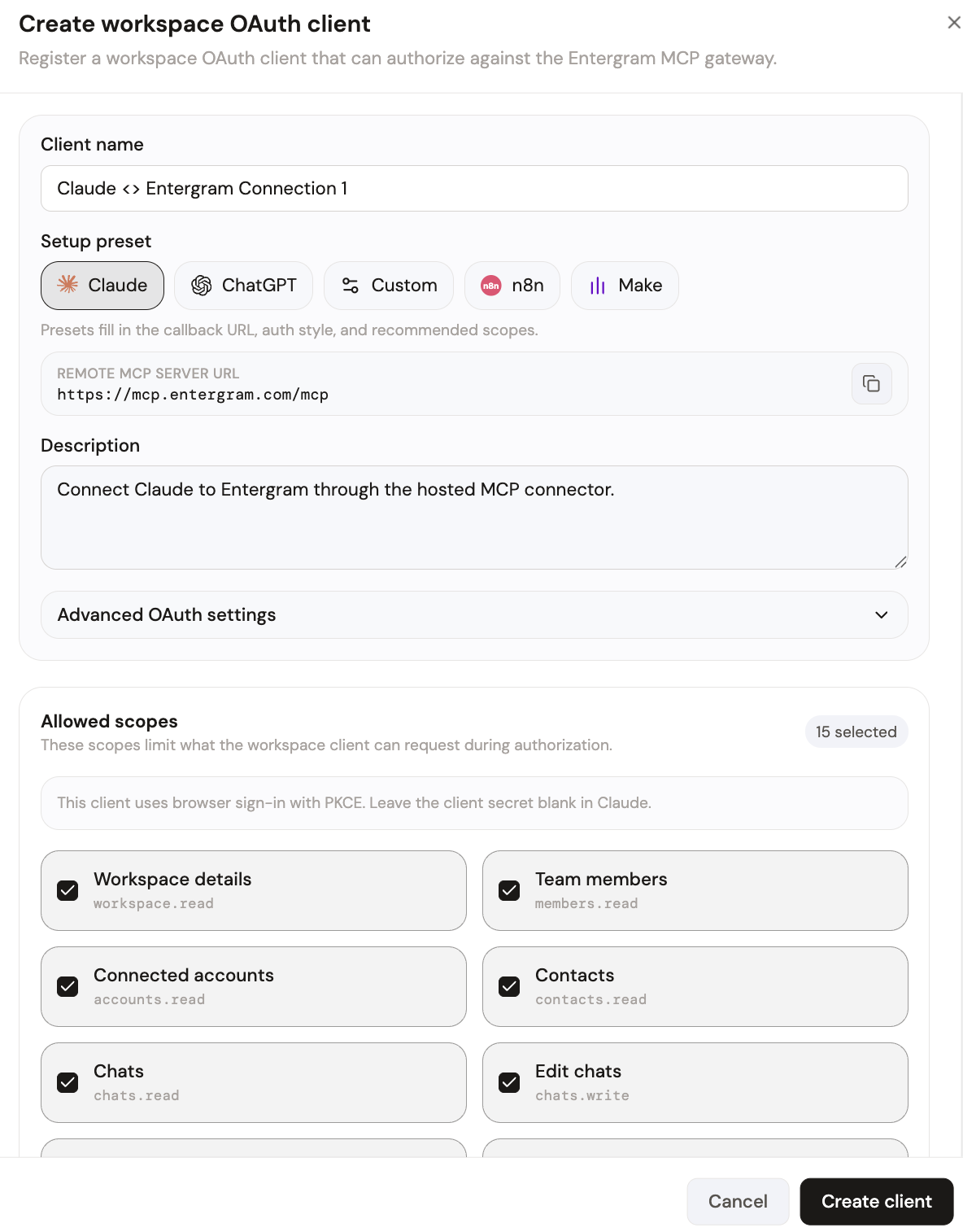OAuth-Client in Entergram mit ausgewähltem Claude-Preset erstellen