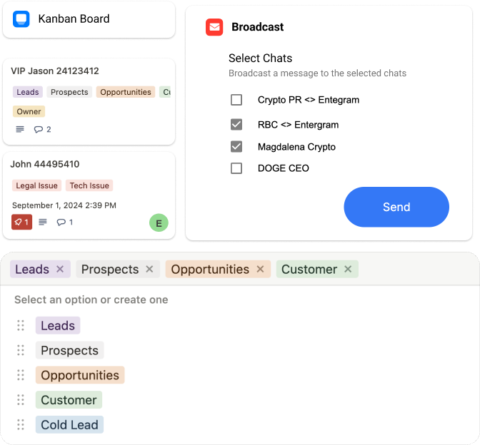 Entergram offers a CRM for Telegram allowing you to manage Clients & Messages with Kanban & Table Views, as well as tag chats and set reminders.